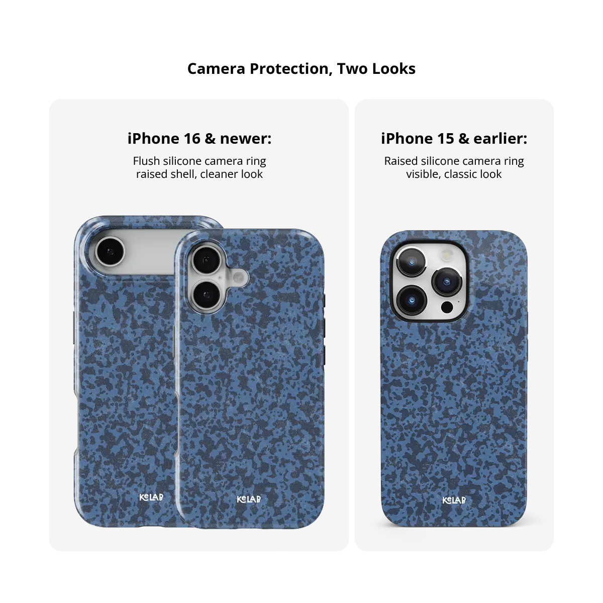 Dark Blue Marble iPhone Case, camera protection and iPhone model size comparison