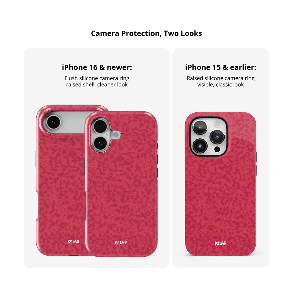 Red Street Camo iPhone Case, camera protection and iPhone model size comparison