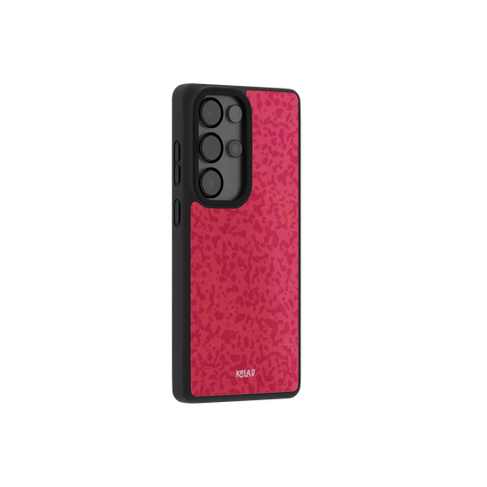 Red street camo Samsung Galaxy case at a side angle showing the wrapped button covers