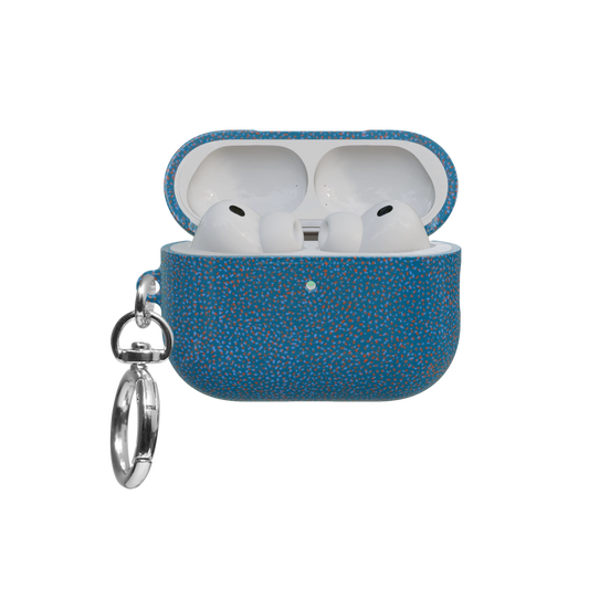 Blue Terrazzo airpods pro case front view with open lid and keychain