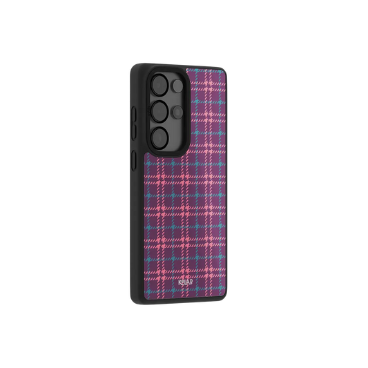 Purple plaid Samsung Galaxy case at a side angle showing the wrapped button covers