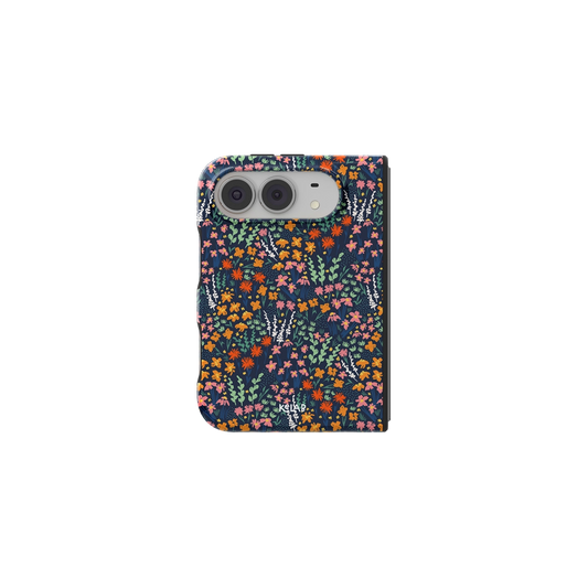 Navy Wildflower, Dark Floral iPhone 18 Fold Case, unfolded front view