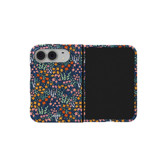 Navy Wildflower, Dark Floral iPhone 18 Fold Case, unfolded side view showing the hinge
