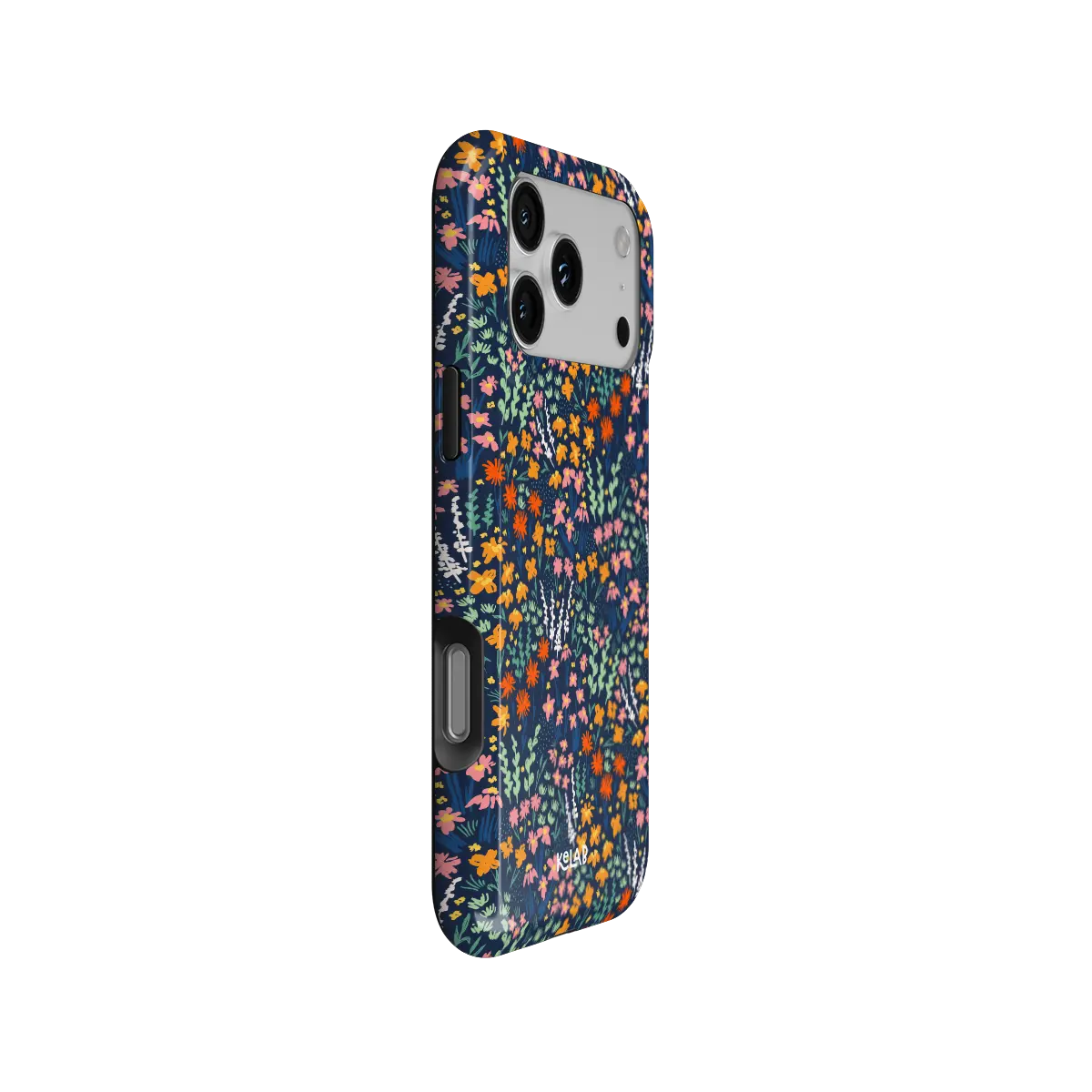 Vibrant Wildflower iPhone Case, side angle view showing precise button cutouts and wraparound edge