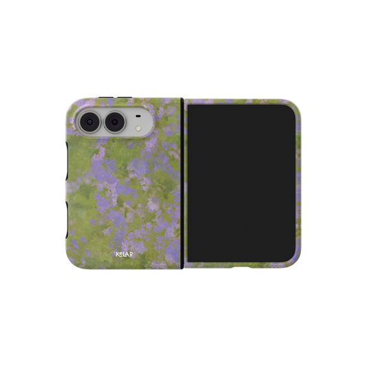 Lavender Wildflower, Purple Meadow iPhone 18 Fold Case, unfolded side view showing the hinge