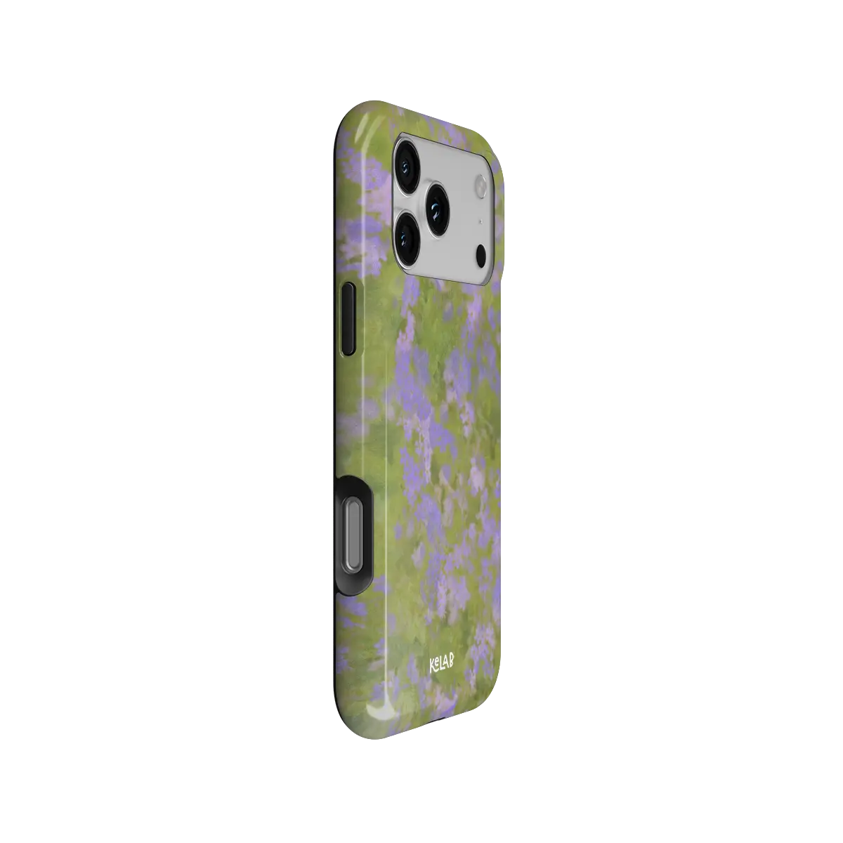 Purple Wildflower iPhone Case, side angle view showing precise button cutouts and wraparound edge