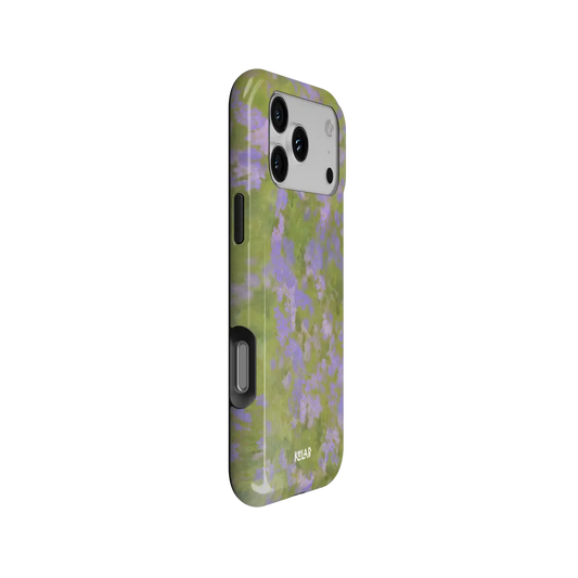 Purple Wildflower iPhone Case, side angle view showing precise button cutouts and wraparound edge