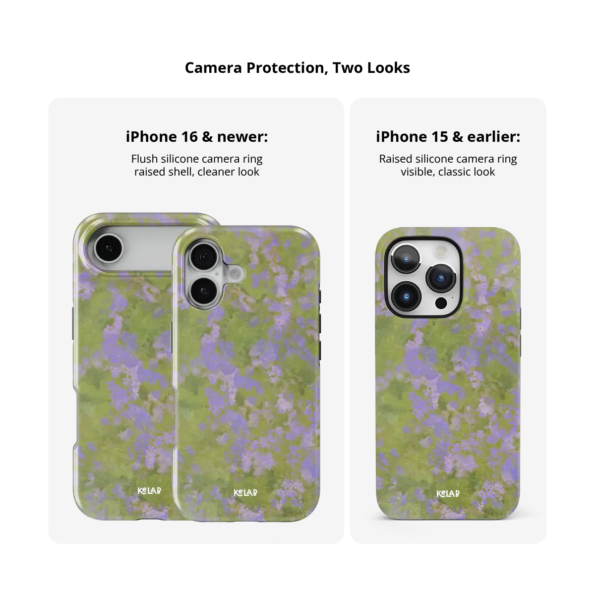 Purple Wildflower iPhone Case, camera protection and iPhone model size comparison