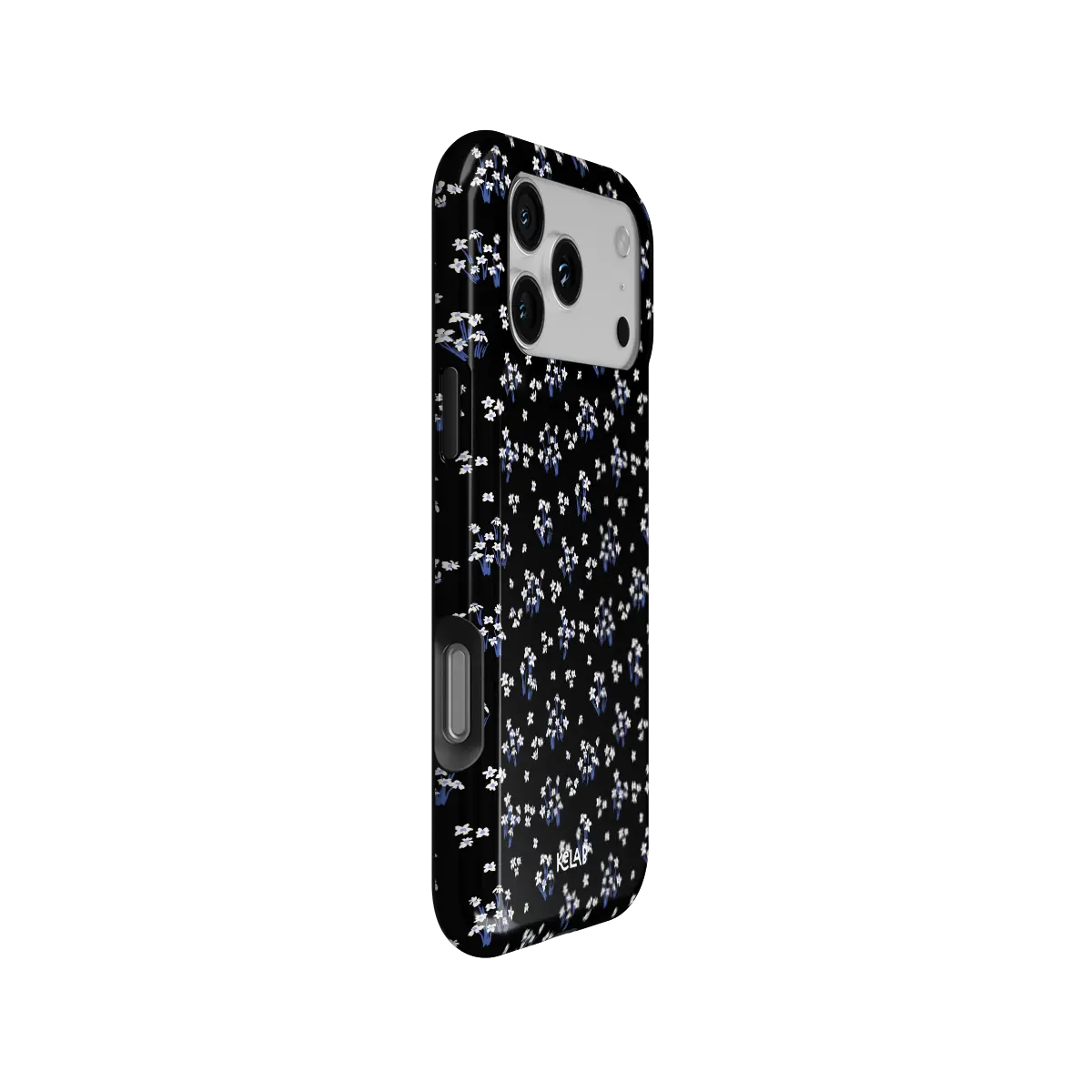 Minimalist Black Floral iPhone Case, side angle view showing precise button cutouts and wraparound edge