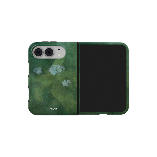 Deep Green Floral, Dark Botanical iPhone 18 Fold Case, unfolded side view showing the hinge