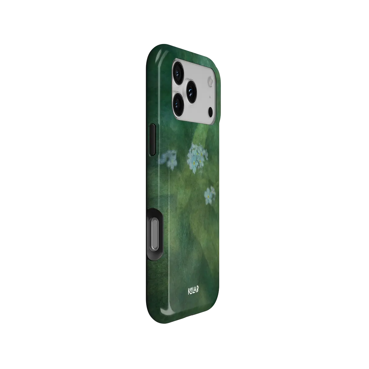 Deep Green Floral iPhone Case, side angle view showing precise button cutouts and wraparound edge