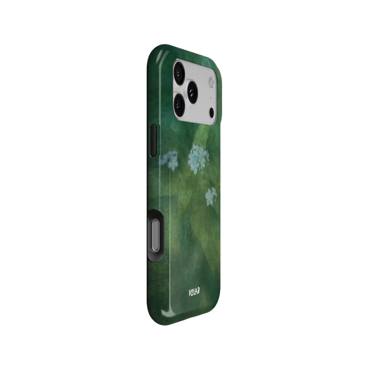 Deep Green Floral iPhone Case, side angle view showing precise button cutouts and wraparound edge