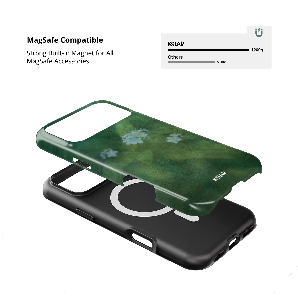 Deep Green Floral iPhone Case, MagSafe compatible with built-in magnet strength