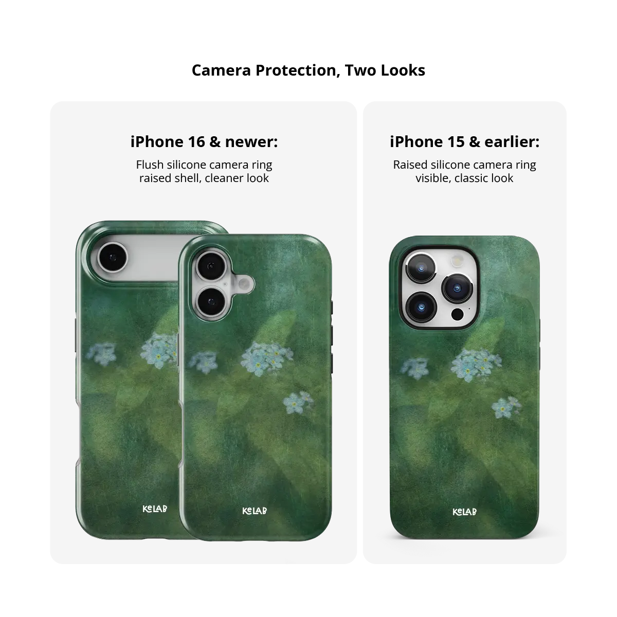 Deep Green Floral iPhone Case, camera protection and iPhone model size comparison