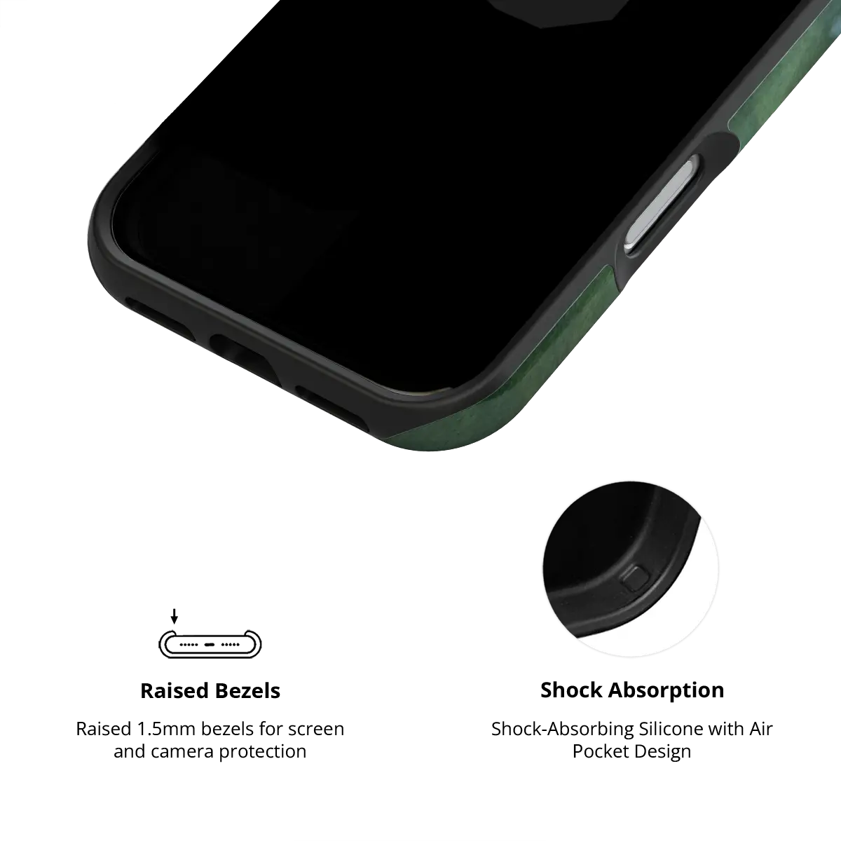 Deep Green Floral iPhone Case, raised bezel design for shock absorption