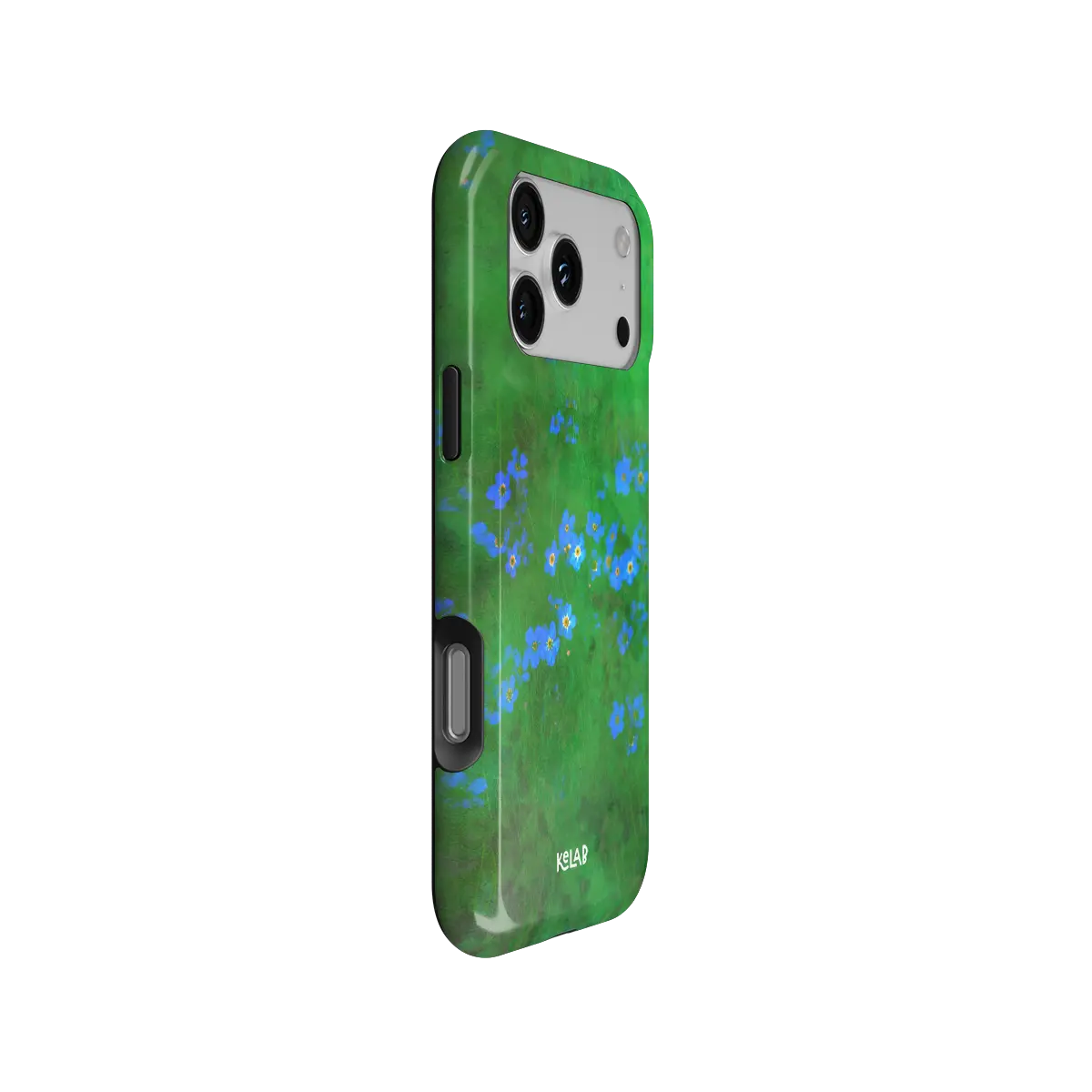 Vibrant Green Floral iPhone Case, side angle view showing precise button cutouts and wraparound edge