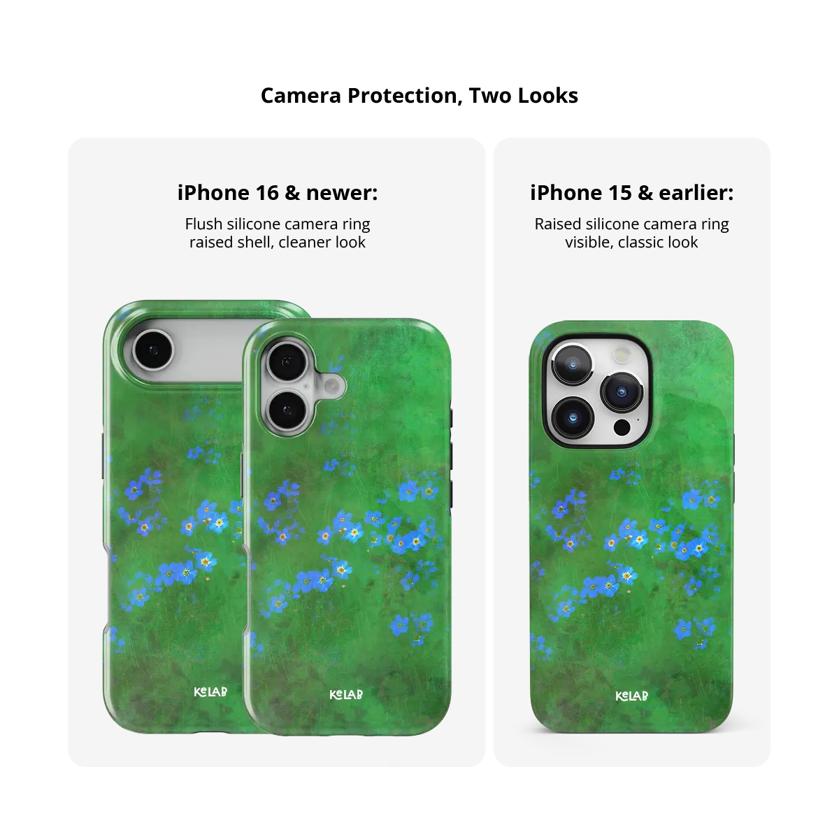 Vibrant Green Floral iPhone Case, camera protection and iPhone model size comparison