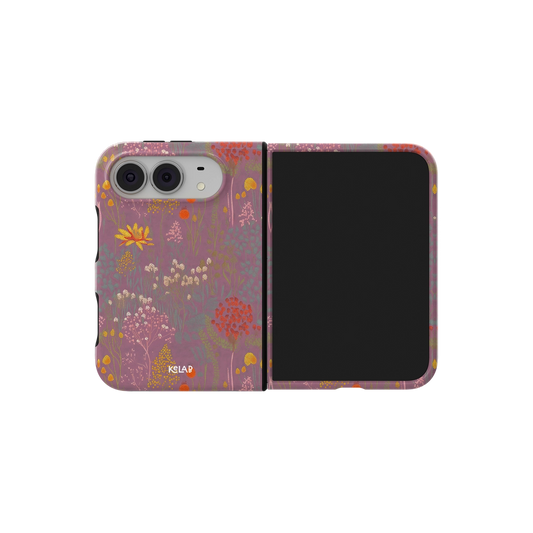 Dusty Pink Wildflower, Botanical Meadow iPhone 18 Fold Case, unfolded side view showing the hinge