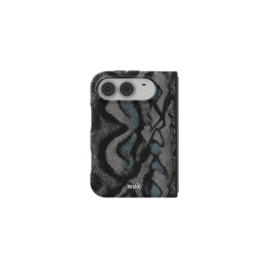 Teal Snakeskin, Snake Print Exotic iPhone 18 Fold Case, unfolded front view