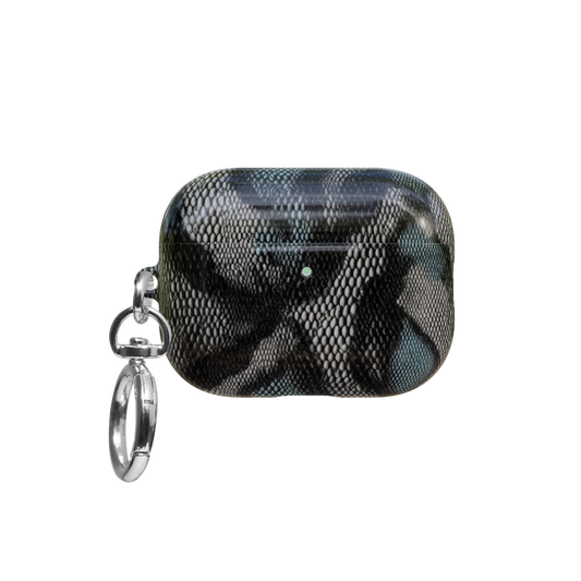 Teal Snake Print airpods pro case front view with closed lid and keychain