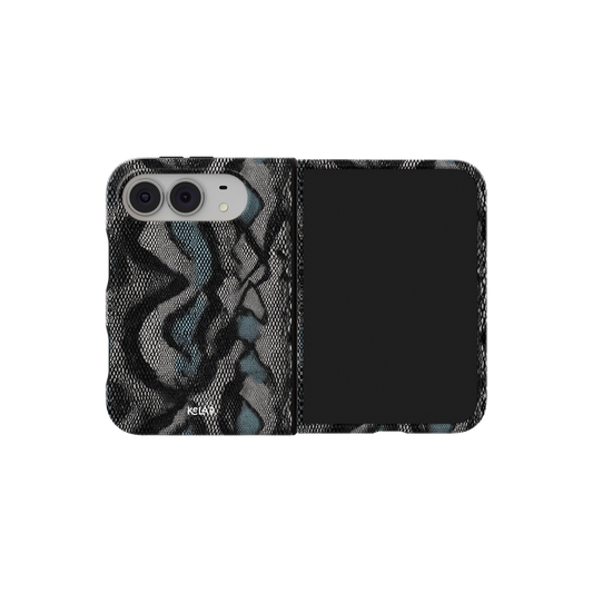 Teal Snakeskin, Snake Print Exotic iPhone 18 Fold Case, unfolded side view showing the hinge