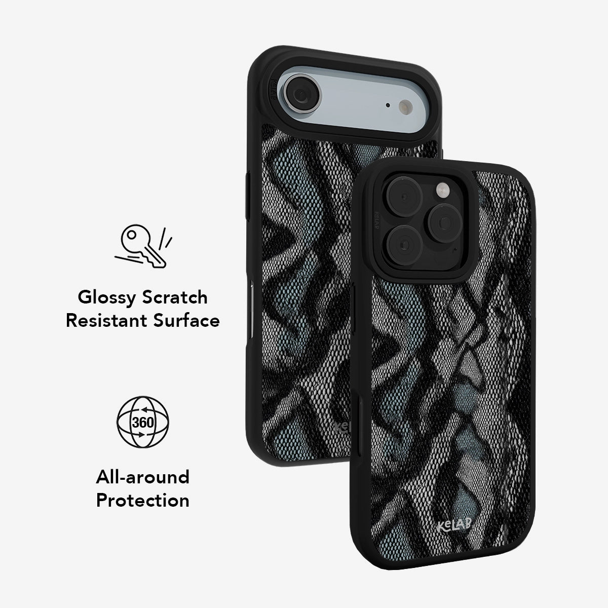Stylish iPhone case with a teal and black snakeskin texture — glossy finish for a sleek look and all-around protection