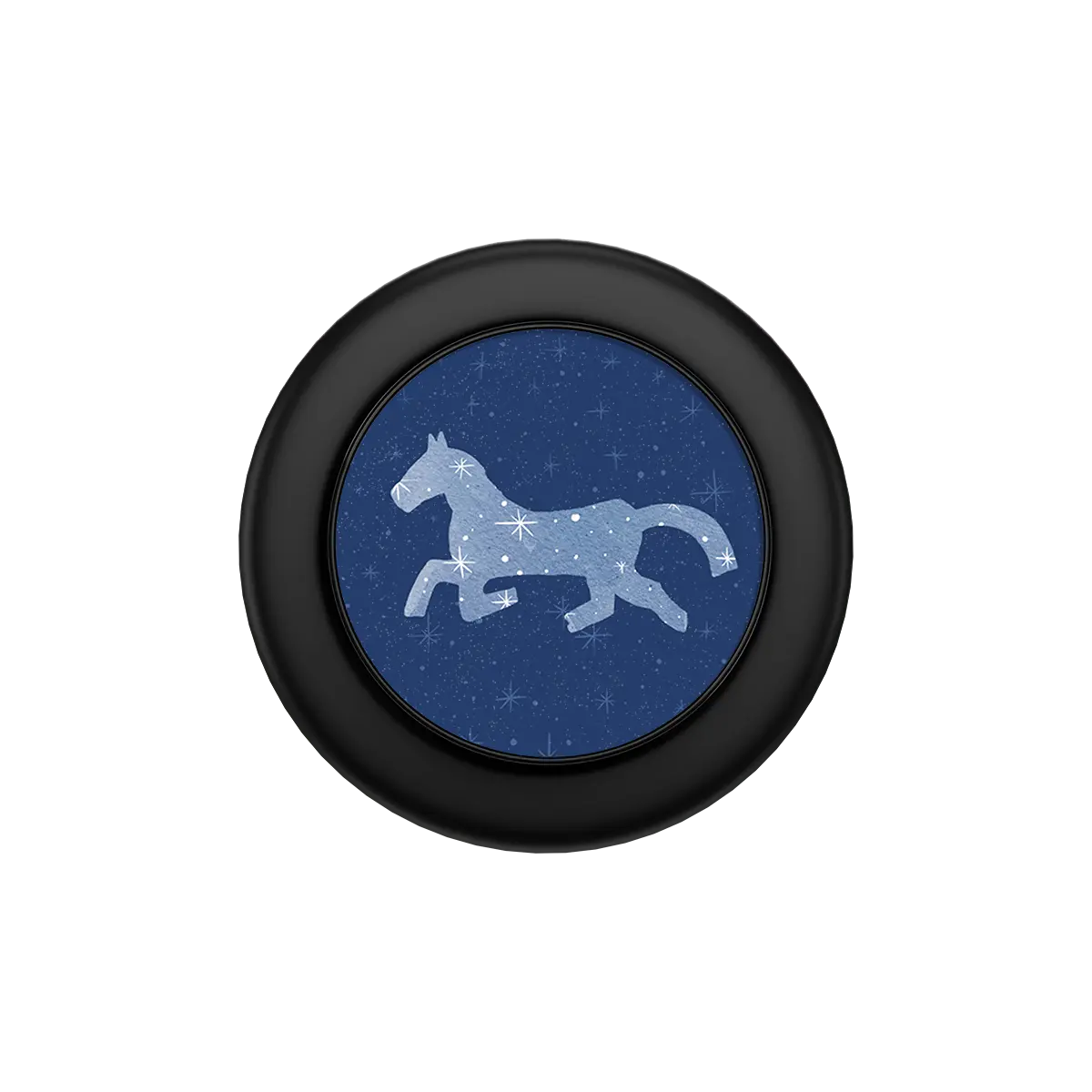 Black MagSafe phone grip with blue horse design and built-in strong magnets pop grip.