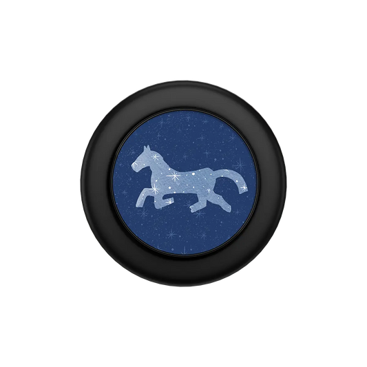 Black MagSafe phone grip with blue horse design and built-in strong magnets pop grip.