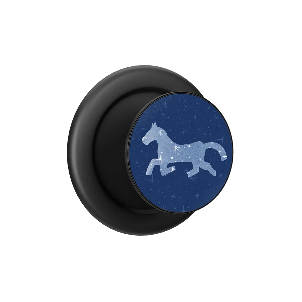 Black MagSafe pop grip with blue horse silhouette and built-in strong magnets.