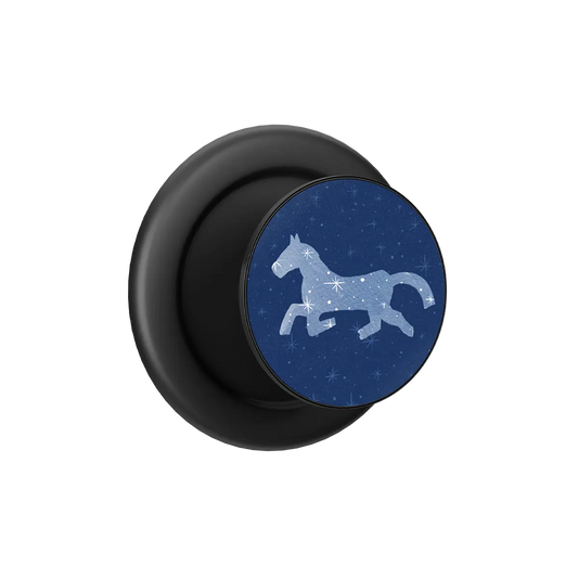 Black MagSafe pop grip with blue horse silhouette and built-in strong magnets.