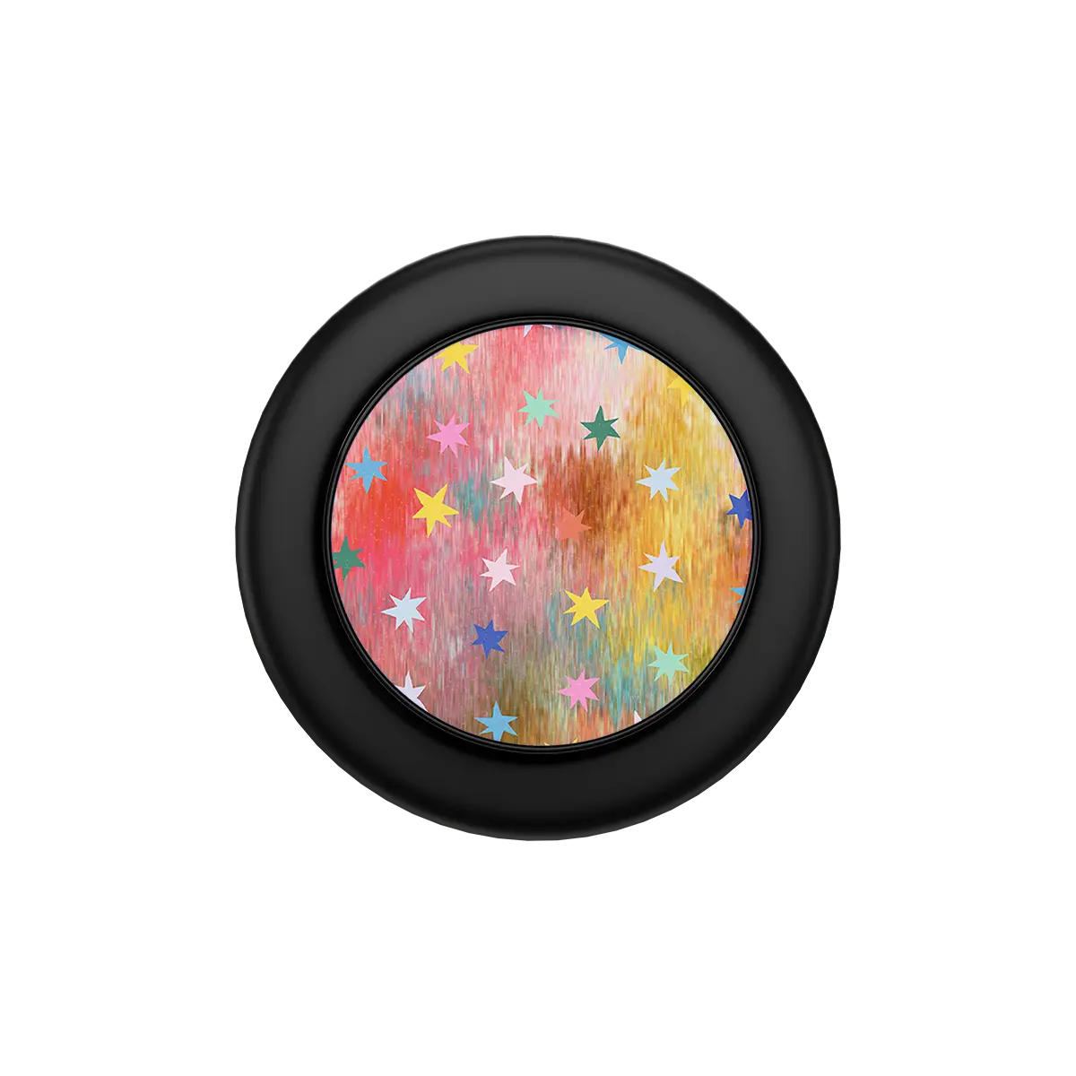 Black MagSafe phone grip with colorful playful stars and built-in strong magnets pop grip.