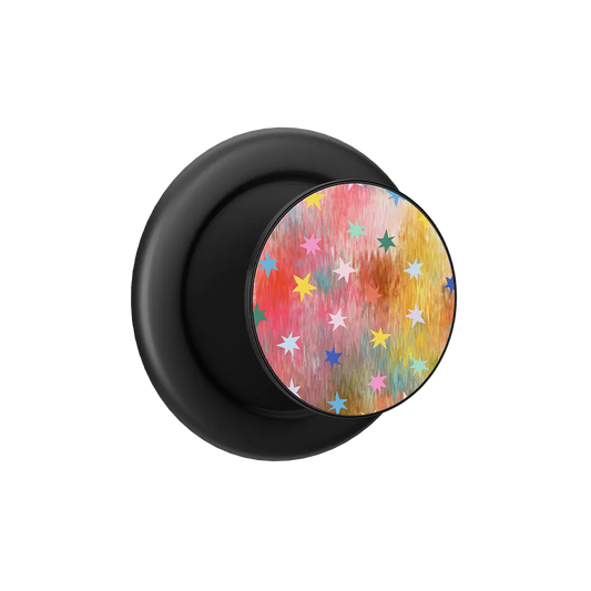 Black MagSafe phone grip pop grip with colorful star pattern and built-in strong magnets.