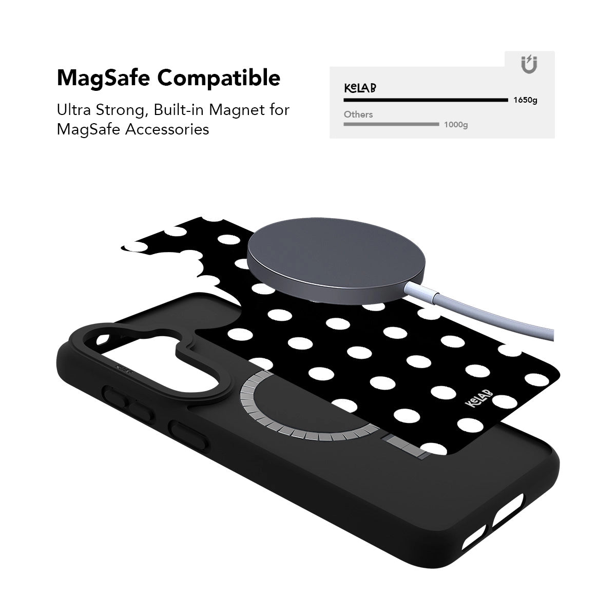 Samsung Galaxy phone case in black with white polka dots, MagSafe compatible and ultra strong design