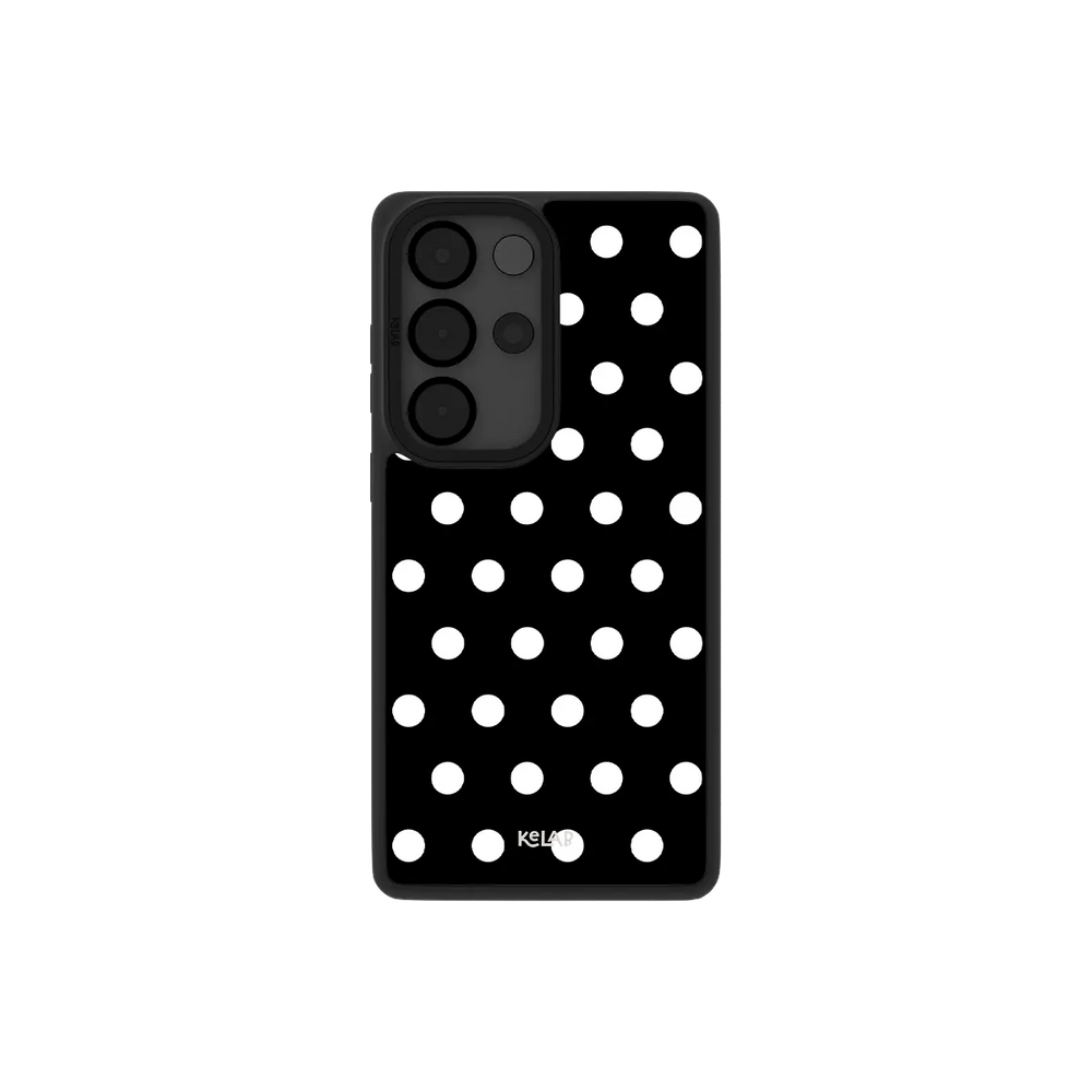Samsung Galaxy phone case in classic black with white polka dot pattern for Galaxy S26 models