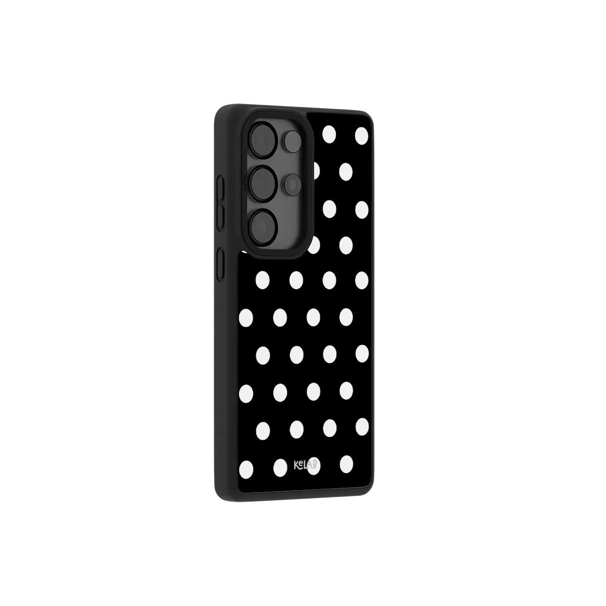 Classic Samsung Galaxy phone case in black TPU with white polka dot pattern for modern style