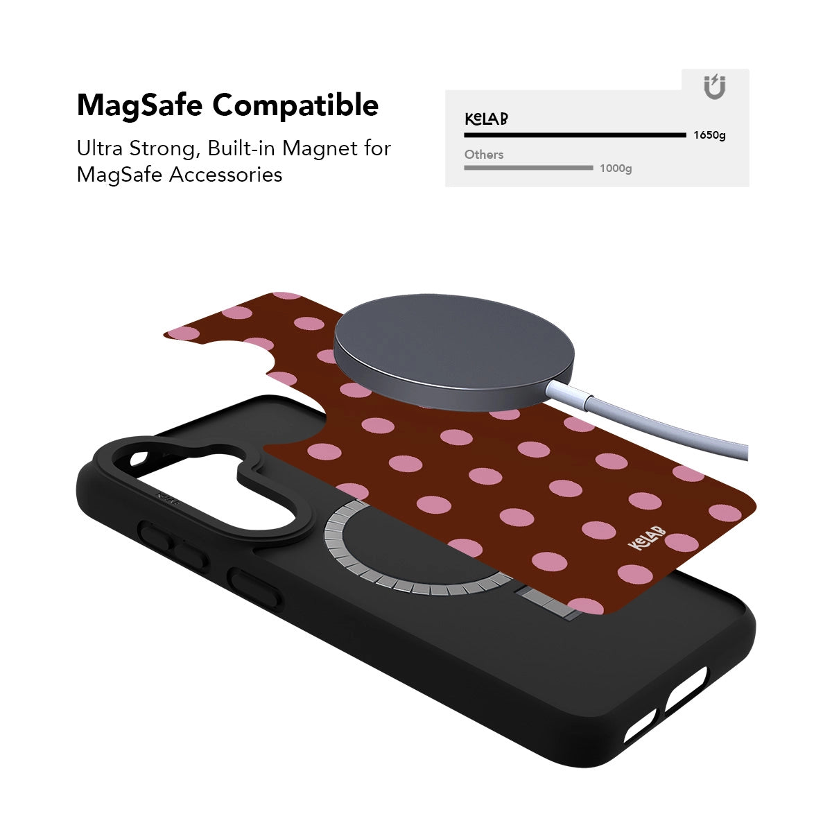 Samsung Galaxy phone case in navy with a classic polka dot pattern and MagSafe compatibility