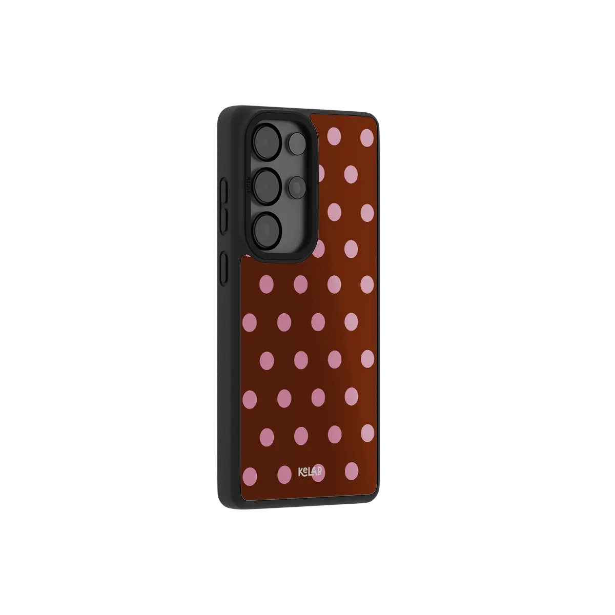 Samsung Galaxy phone case in classic black with a polka dot pattern in pink and brown
