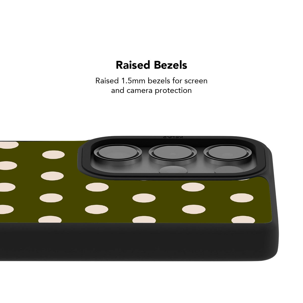 Classic Samsung Galaxy phone case in navy with a polka dot pattern and raised bezels for camera protection