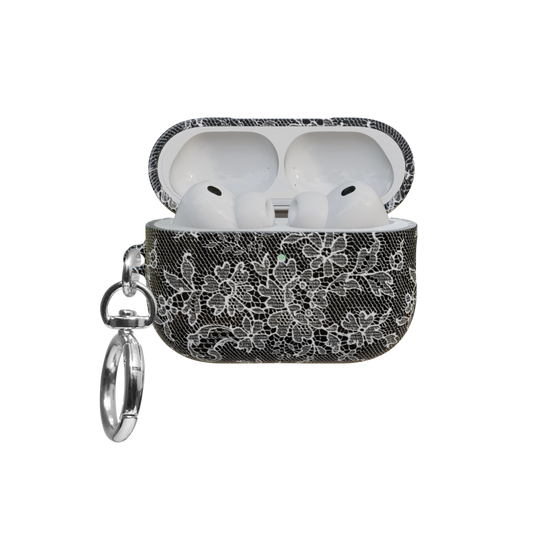 Black Lace airpods pro case front view with open lid and keychain