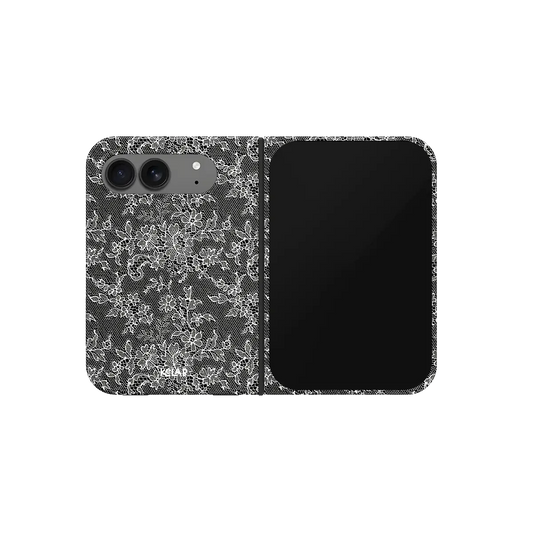 Black Lace, Gothic Vintage Floral iPhone 18 Fold Case, unfolded front view