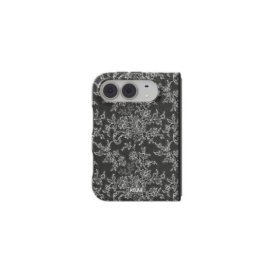 Black Lace, Gothic Vintage Floral iPhone 18 Fold Case, unfolded front view