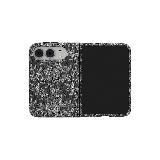 Black Lace, Gothic Vintage Floral iPhone 18 Fold Case, unfolded side view showing the hinge