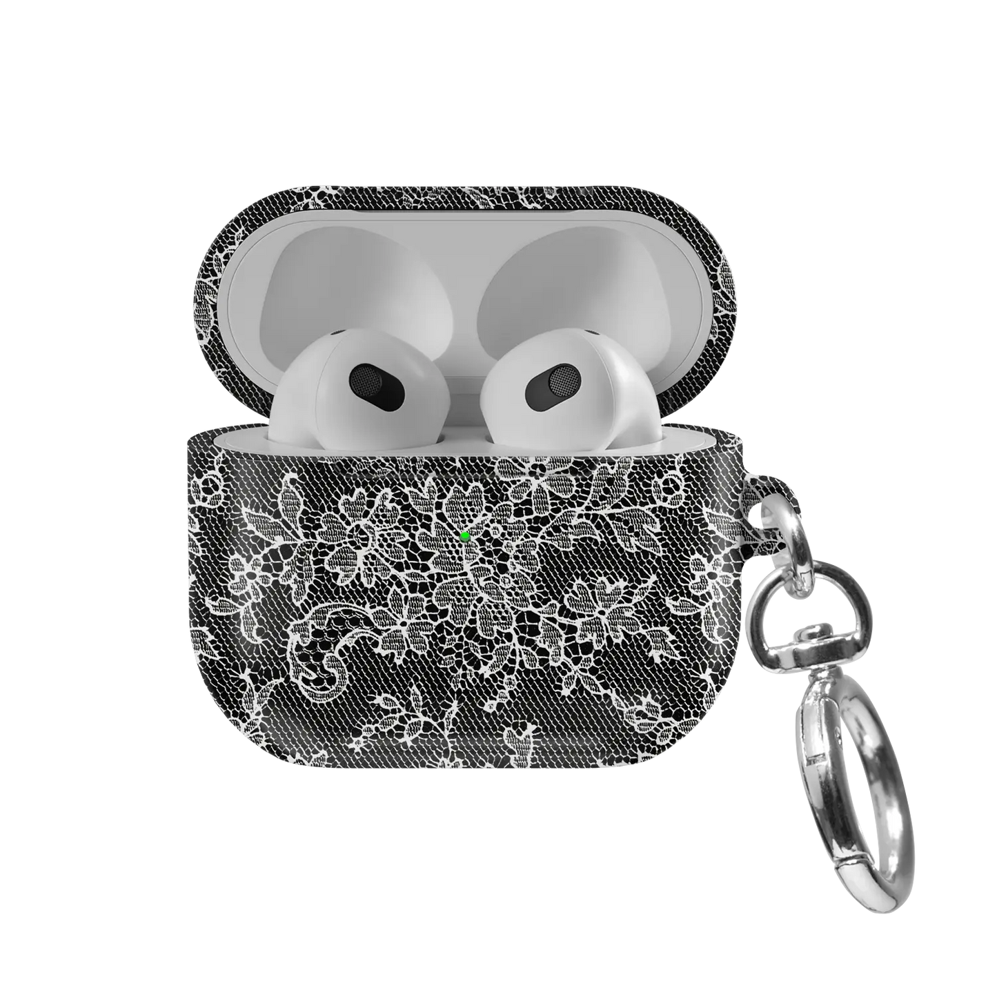 Midnight Garden AirPods case — front view with lid open, showing white gothic lace print on black and AirPods nested inside