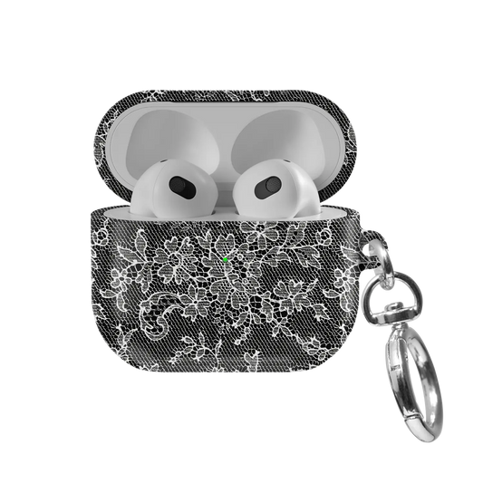 Midnight Garden AirPods case — front view with lid open, showing white gothic lace print on black and AirPods nested inside