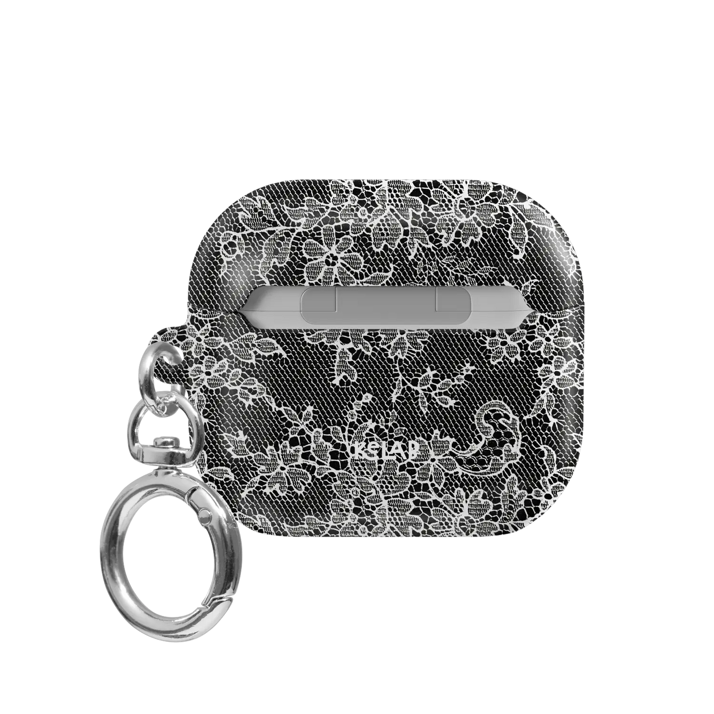 Midnight Garden AirPods case — back view showing high-contrast black and white lace pattern