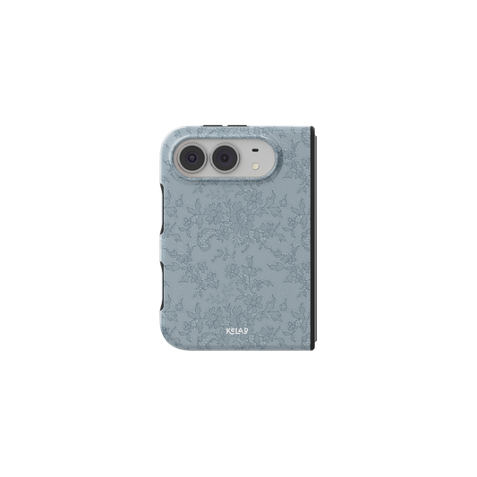 Blue Lace, Slate Vintage Floral iPhone 18 Fold Case, unfolded front view