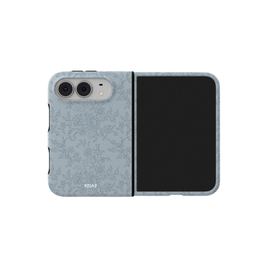Blue Lace, Slate Vintage Floral iPhone 18 Fold Case, unfolded side view showing the hinge