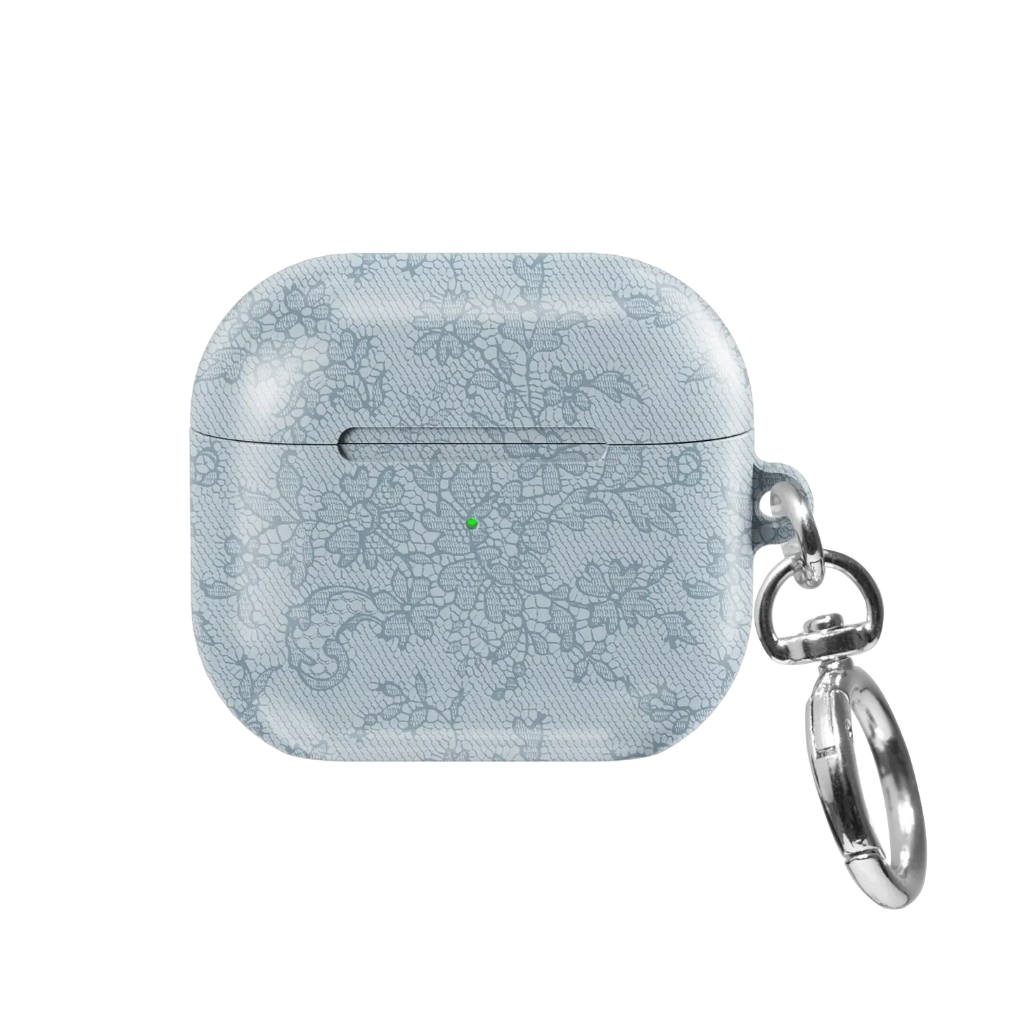 Antique Azul AirPods case — front view showing tonal botanical lace on slate blue with keychain clasp