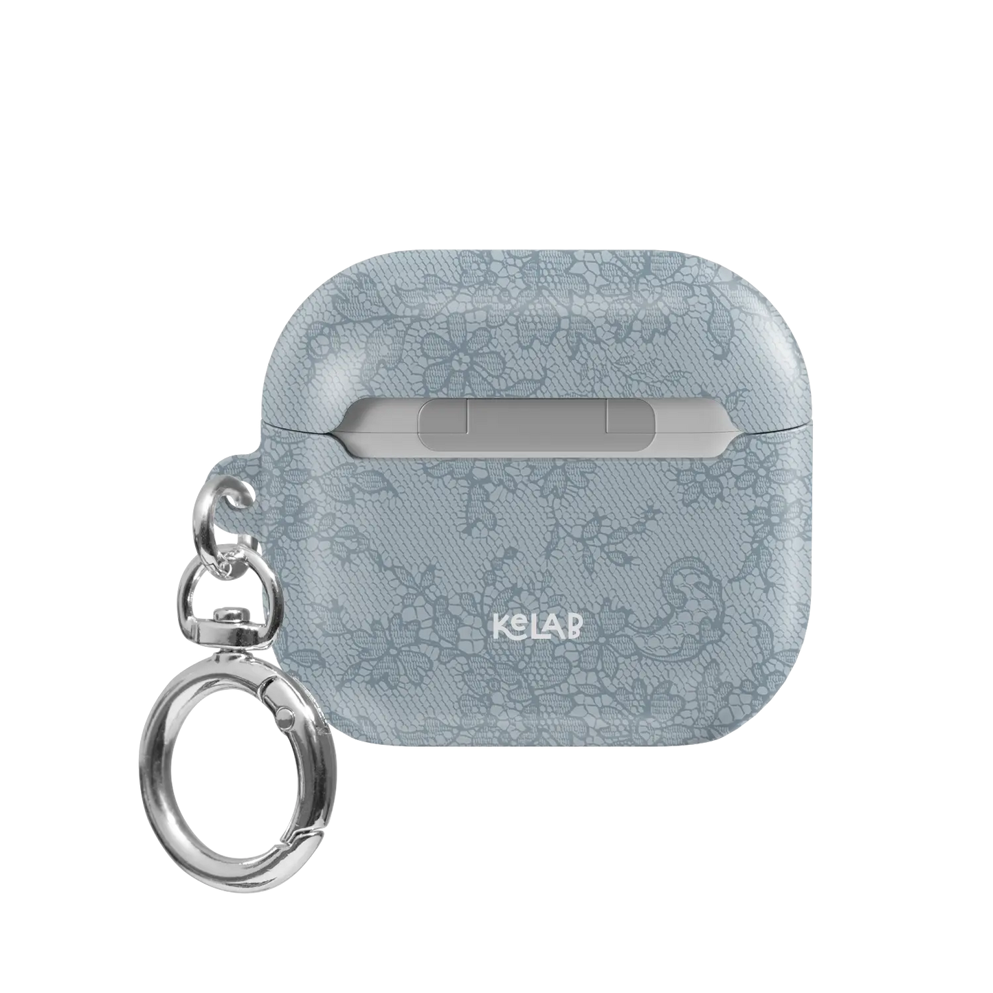 Antique Azul AirPods case — back view showing vintage lace pattern in soft slate blue