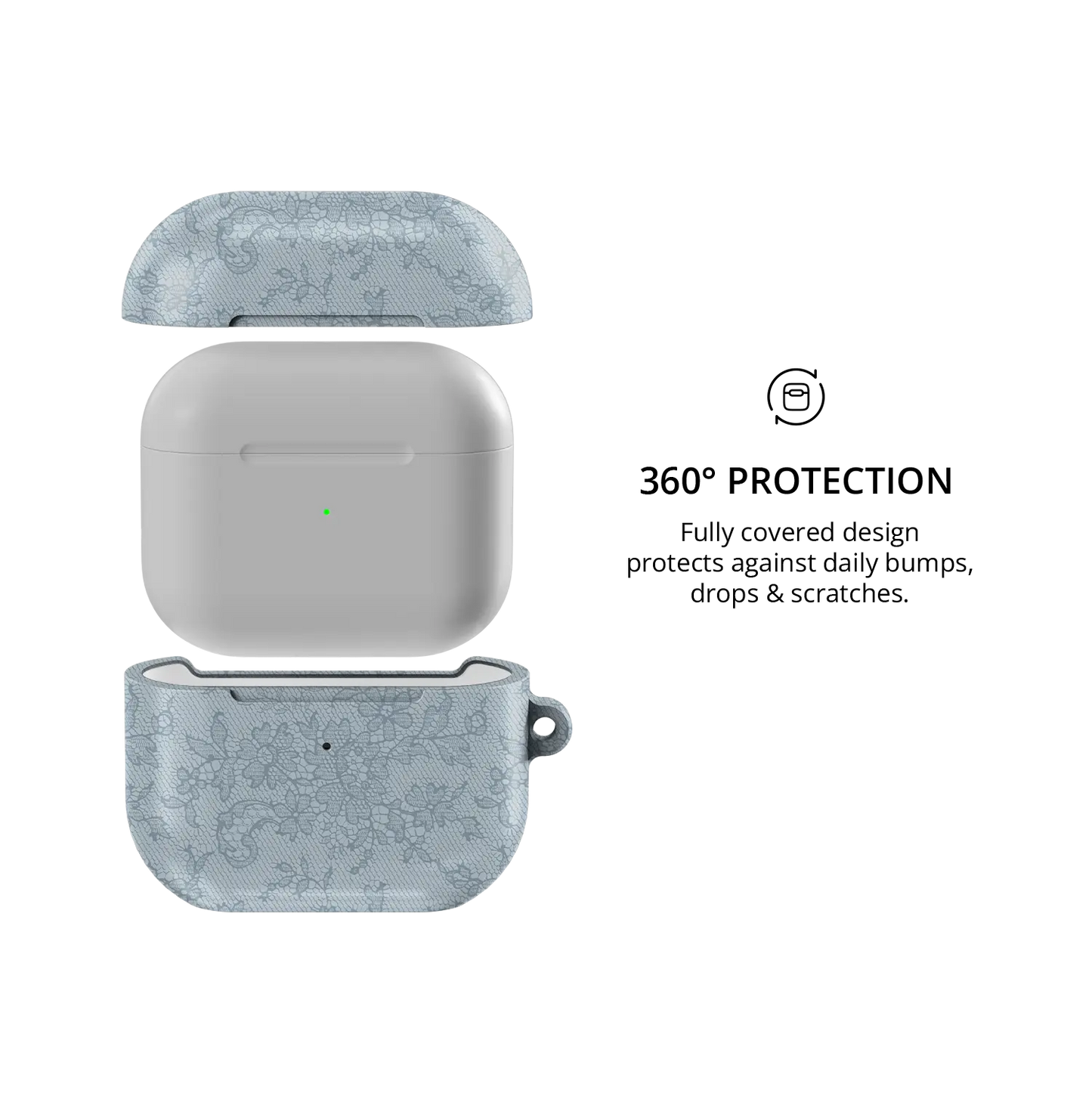 Antique Azul AirPods case — front and back views highlighting full 360° protective coverage